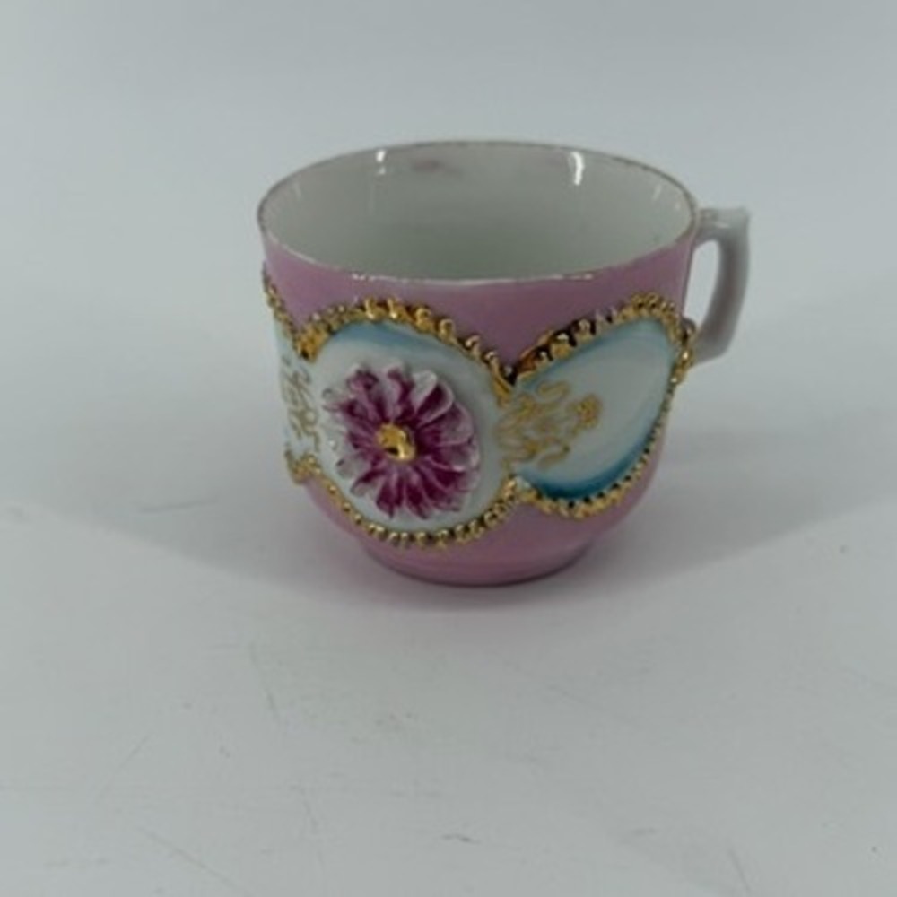 Vintage Pink Porcelain Demitasse Cup 3D Raised Floral Gold Trim Miniature